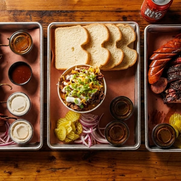 Three metal trays filled with various barbecue dishes, sides, and sauces on a wooden table.