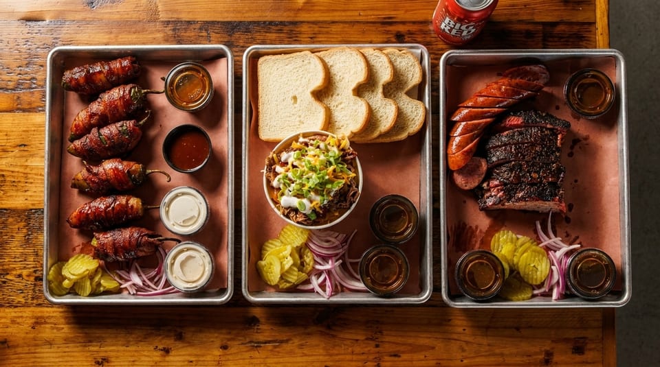 Three metal trays filled with various barbecue dishes, sides, and sauces on a wooden table.