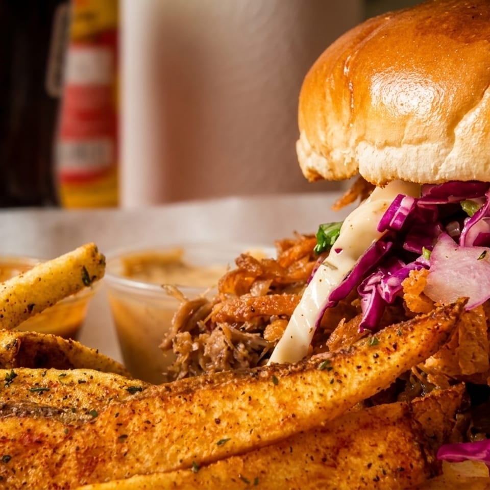 Close-up of a pulled pork sandwich with purple coleslaw and a side of seasoned fries.