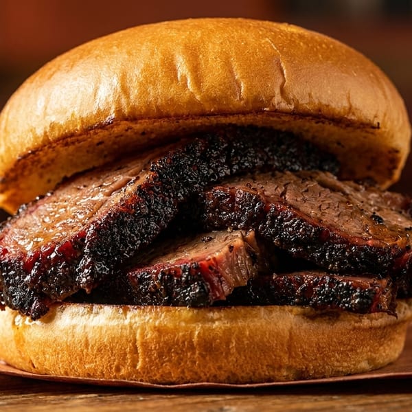 Close-up of a brisket sandwich with thick slices of smoked meat on a toasted bun.